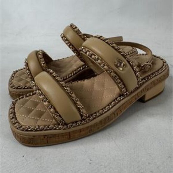 Chanel Lambskin Cork Chain Sandals | Women’s Beige Size 37C (7) - Picture 7 of 7